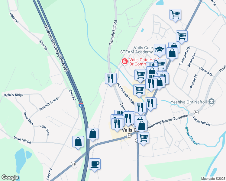 map of restaurants, bars, coffee shops, grocery stores, and more near 171 Temple Hill Road in New Windsor
