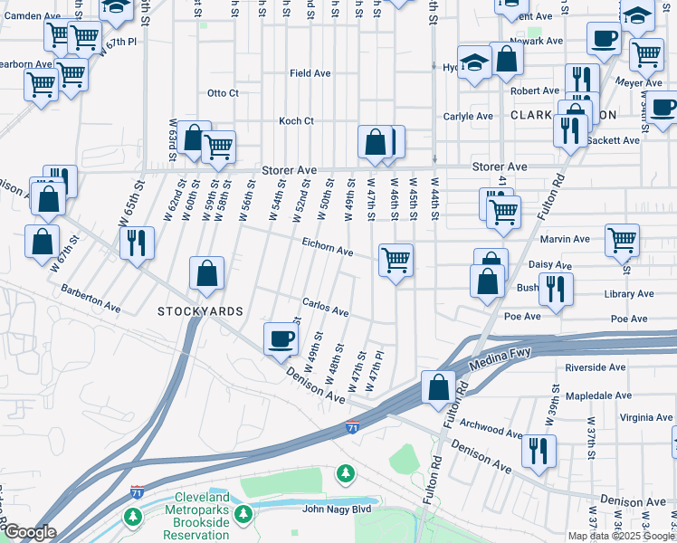 map of restaurants, bars, coffee shops, grocery stores, and more near West 49th Street in Cleveland