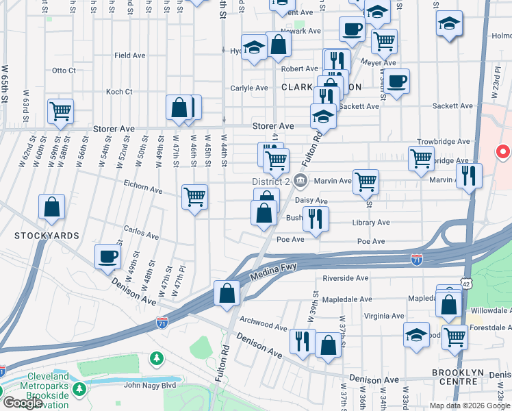 map of restaurants, bars, coffee shops, grocery stores, and more near 4203 Daisy Avenue in Cleveland