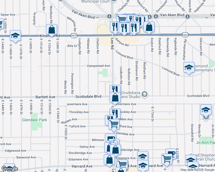 map of restaurants, bars, coffee shops, grocery stores, and more near 3710 Lee Road in Shaker Heights