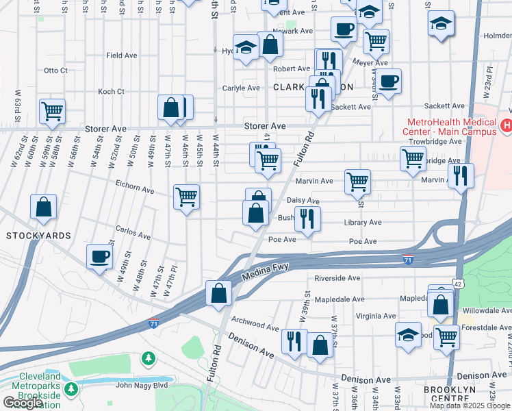 map of restaurants, bars, coffee shops, grocery stores, and more near 4118 Bush Avenue in Cleveland