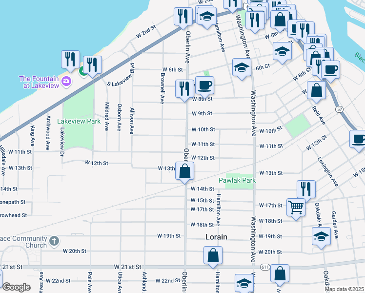 map of restaurants, bars, coffee shops, grocery stores, and more near 1129 Oberlin Avenue in Lorain