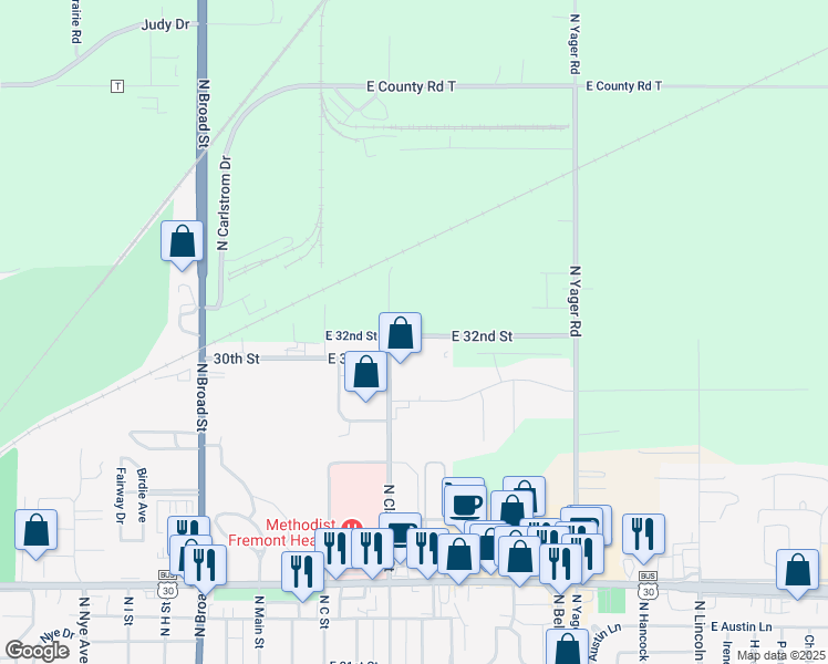 map of restaurants, bars, coffee shops, grocery stores, and more near 620 East 32nd Street in Fremont