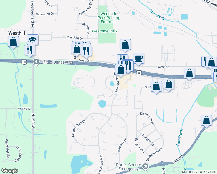 map of restaurants, bars, coffee shops, grocery stores, and more near 1179 Millpond Road North in Valparaiso