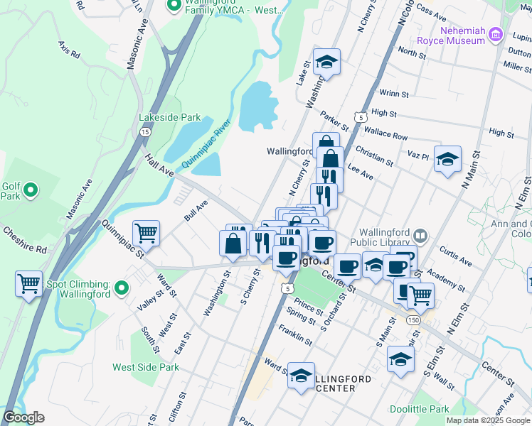 map of restaurants, bars, coffee shops, grocery stores, and more near 169 Washington Street in Wallingford
