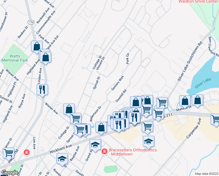 map of restaurants, bars, coffee shops, grocery stores, and more near 15 Seniors Way in Middletown