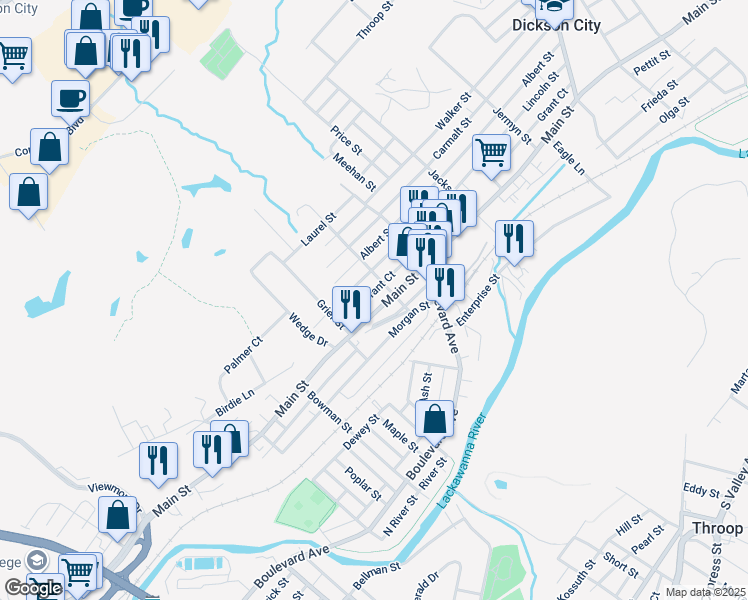 map of restaurants, bars, coffee shops, grocery stores, and more near 627 Main St in Dickson City