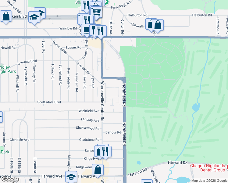 map of restaurants, bars, coffee shops, grocery stores, and more near 3715 Warrensville Center Road in Shaker Heights