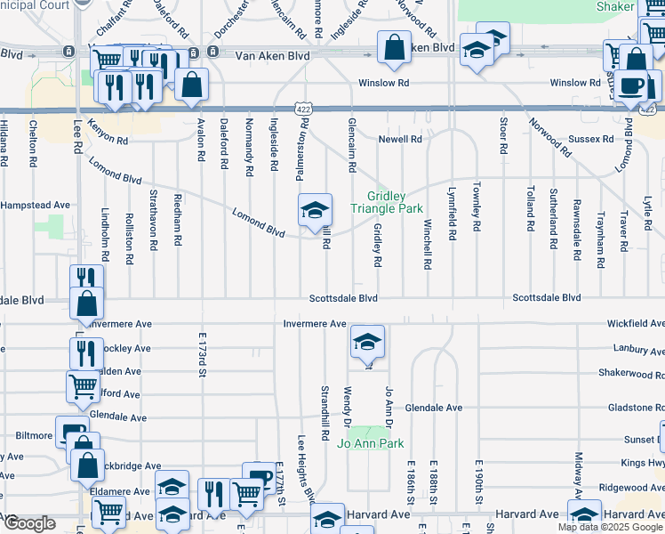 map of restaurants, bars, coffee shops, grocery stores, and more near 3718 Glencairn Road in Shaker Heights
