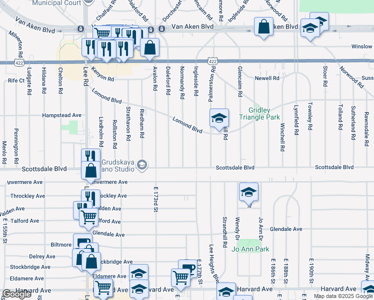 map of restaurants, bars, coffee shops, grocery stores, and more near 3719 Normandy Road in Shaker Heights