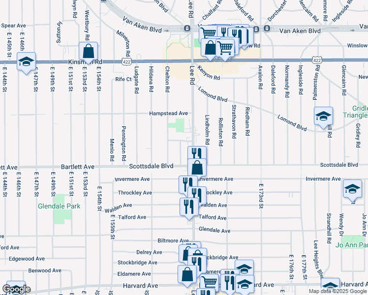 map of restaurants, bars, coffee shops, grocery stores, and more near 3710 Lee Road in Shaker Heights