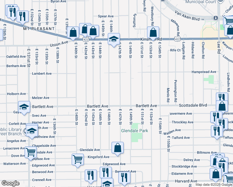 map of restaurants, bars, coffee shops, grocery stores, and more near 3708 East 147th Street in Cleveland