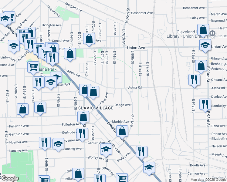 map of restaurants, bars, coffee shops, grocery stores, and more near 3679 East 76th Street in Cleveland
