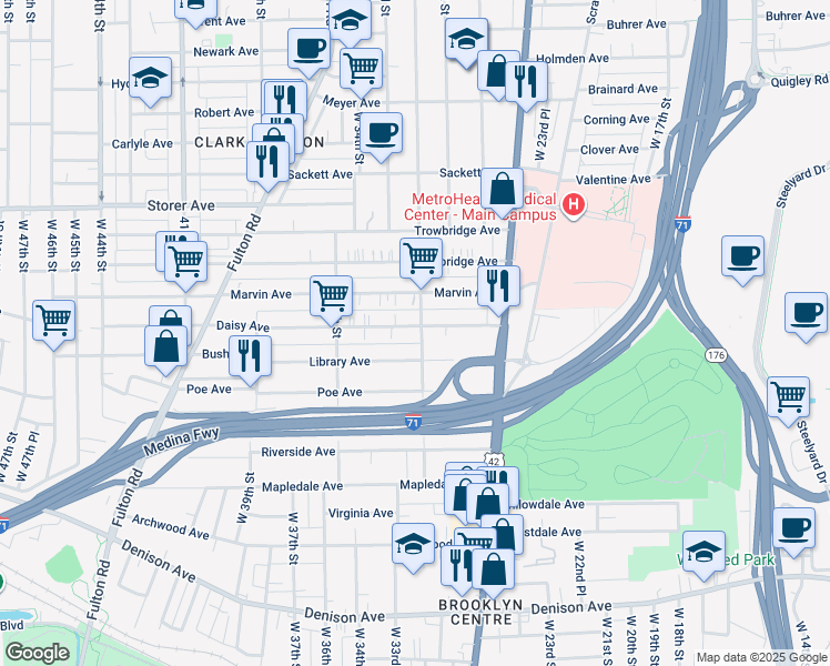 map of restaurants, bars, coffee shops, grocery stores, and more near 3226 Library Court in Cleveland