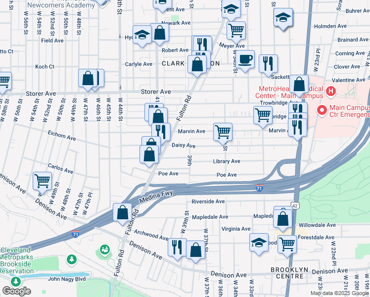 map of restaurants, bars, coffee shops, grocery stores, and more near 3914 Bush Avenue in Cleveland
