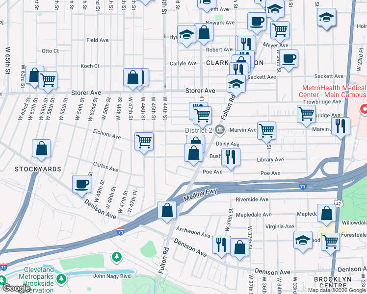 map of restaurants, bars, coffee shops, grocery stores, and more near 4230 Bush Avenue in Cleveland