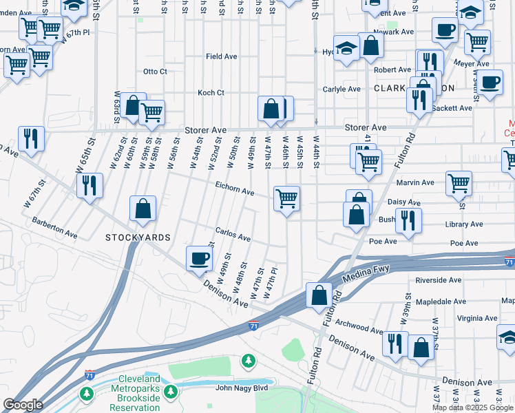 map of restaurants, bars, coffee shops, grocery stores, and more near 3507 West 48th Street in Cleveland