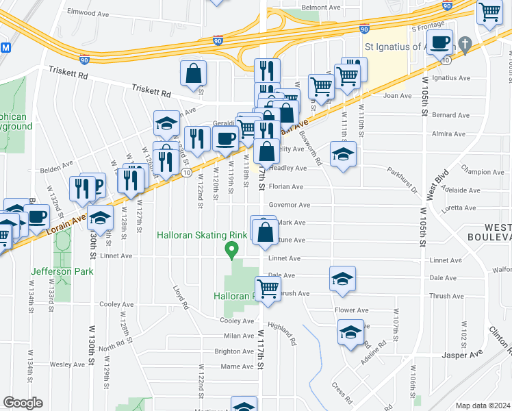 map of restaurants, bars, coffee shops, grocery stores, and more near in Cleveland
