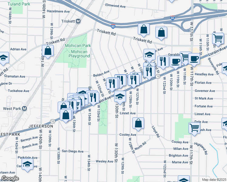 map of restaurants, bars, coffee shops, grocery stores, and more near 13032 Lorain Avenue in Cleveland