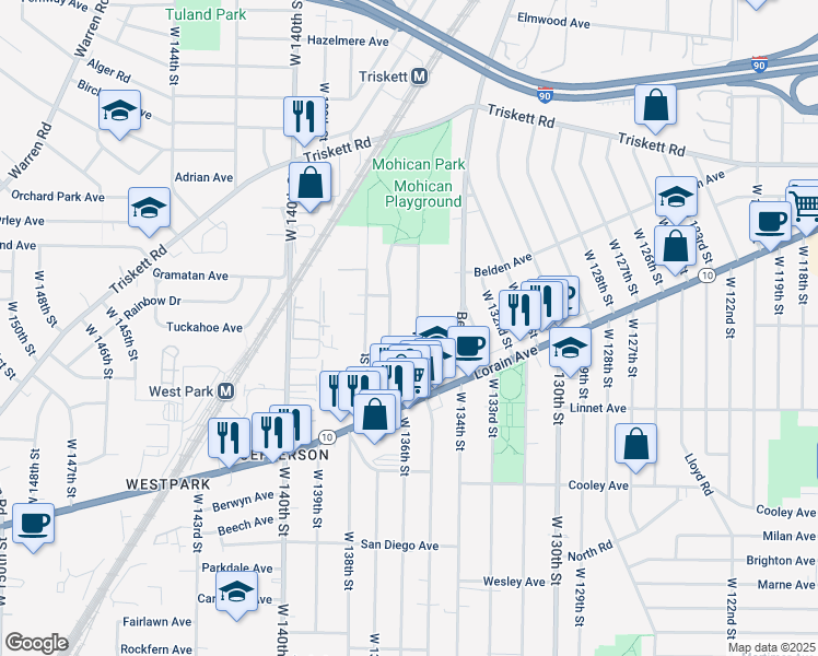 map of restaurants, bars, coffee shops, grocery stores, and more near 3453 West 136th Street in Cleveland