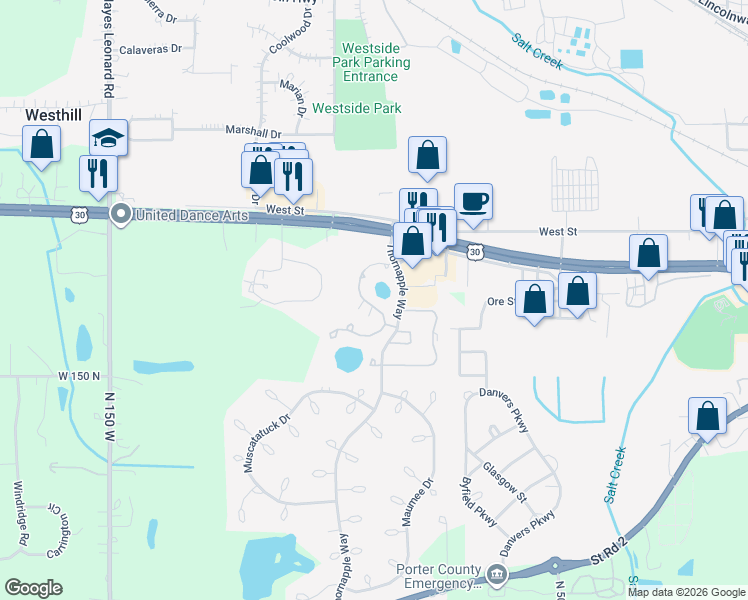 map of restaurants, bars, coffee shops, grocery stores, and more near 1179 Millpond Road North in Valparaiso