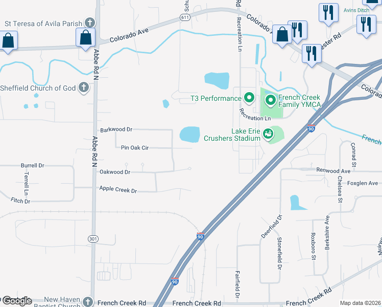 map of restaurants, bars, coffee shops, grocery stores, and more near 5421 Oakwood Drive in Sheffield