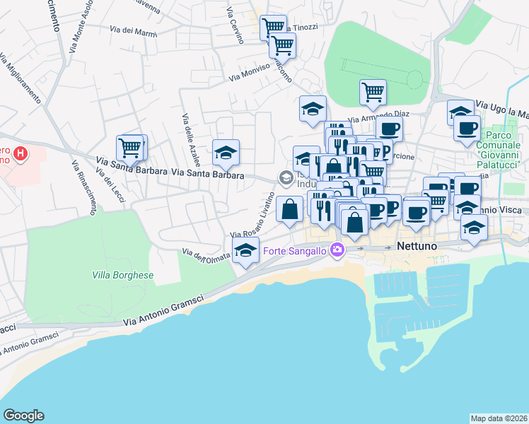map of restaurants, bars, coffee shops, grocery stores, and more near 9B Via degli Oleandri in Nettuno