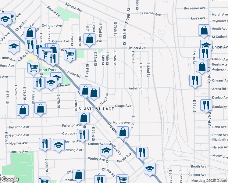map of restaurants, bars, coffee shops, grocery stores, and more near 3679 East 76th Street in Cleveland