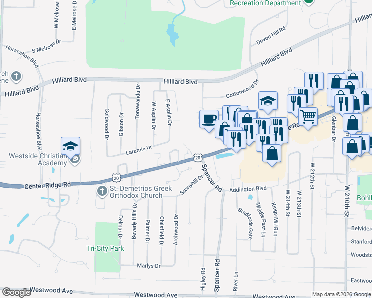 map of restaurants, bars, coffee shops, grocery stores, and more near 15 Bristol Lane in Rocky River