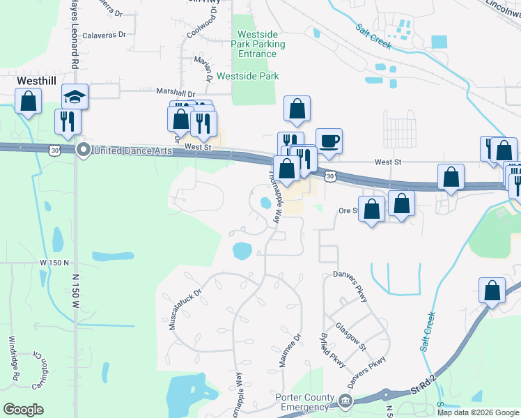 map of restaurants, bars, coffee shops, grocery stores, and more near 1179 Millpond Road North in Valparaiso