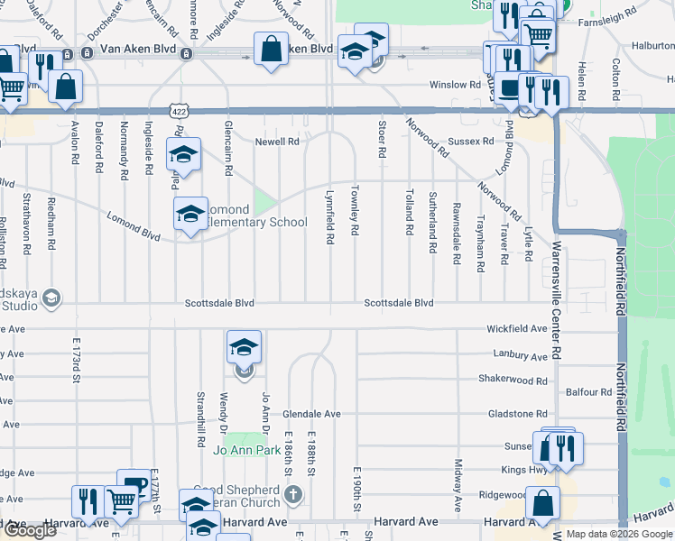 map of restaurants, bars, coffee shops, grocery stores, and more near 3718 Townley Road in Shaker Heights
