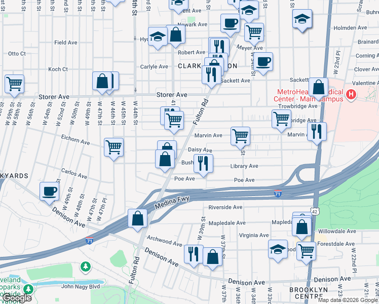 map of restaurants, bars, coffee shops, grocery stores, and more near 3521 Fulton Road in Cleveland