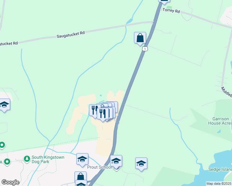 map of restaurants, bars, coffee shops, grocery stores, and more near 57 Grandeville Court in South Kingstown