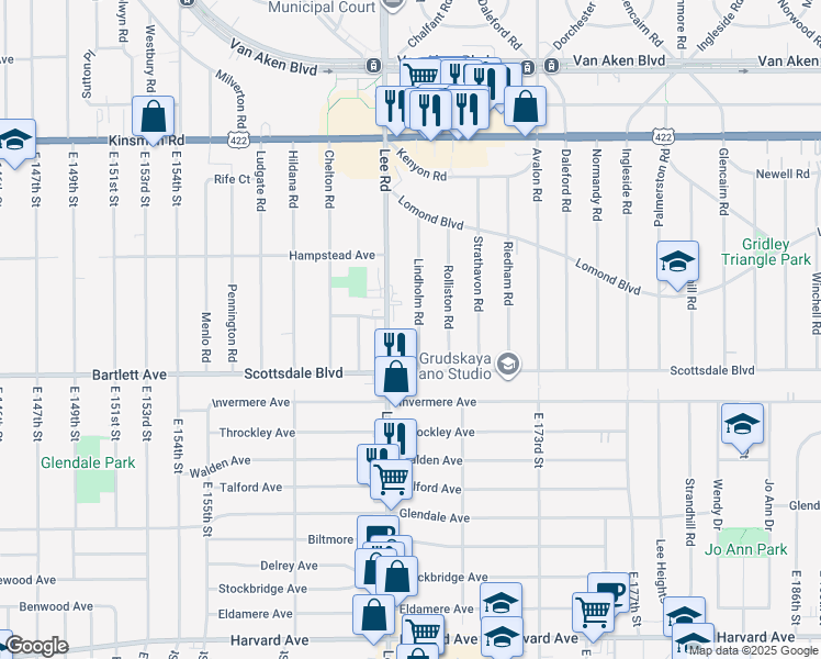 map of restaurants, bars, coffee shops, grocery stores, and more near 3714 Lindholm Road in Shaker Heights