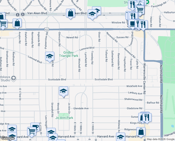 map of restaurants, bars, coffee shops, grocery stores, and more near 3718 Townley Road in Shaker Heights