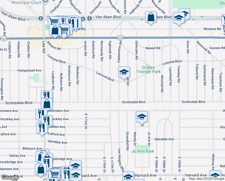 map of restaurants, bars, coffee shops, grocery stores, and more near 3715 Ingleside Road in Shaker Heights