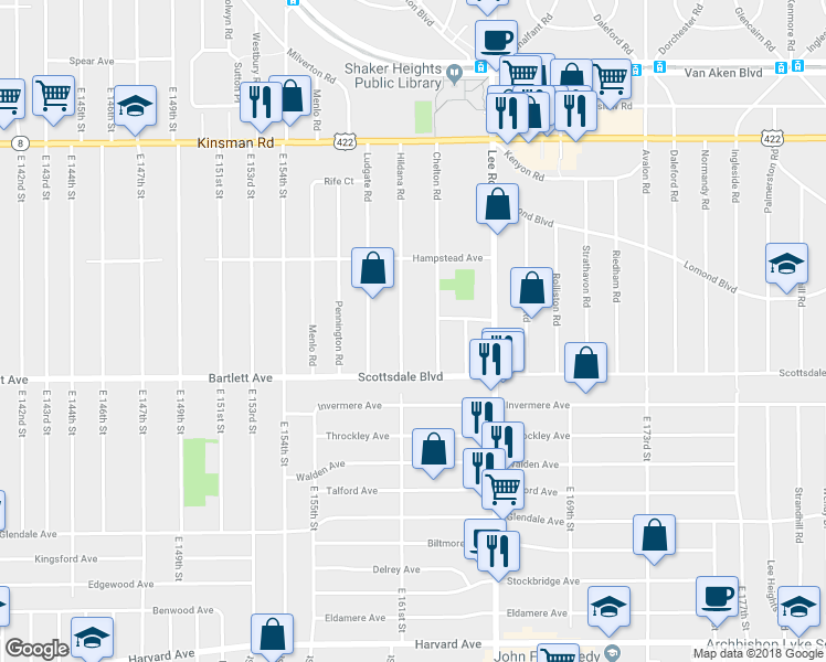 map of restaurants, bars, coffee shops, grocery stores, and more near 3715 Hildana Road in Shaker Heights