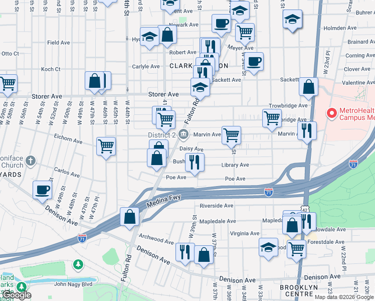 map of restaurants, bars, coffee shops, grocery stores, and more near 3914 Bush Avenue in Cleveland