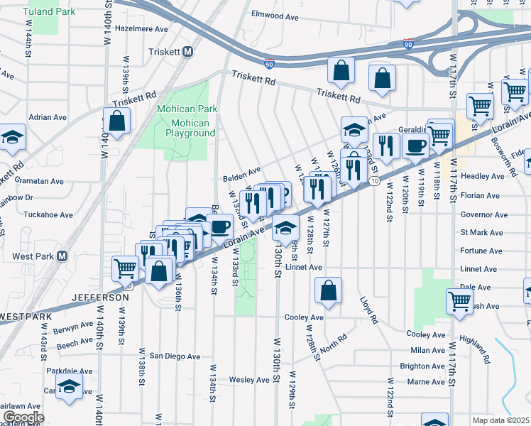 map of restaurants, bars, coffee shops, grocery stores, and more near 13032 Lorain Avenue in Cleveland