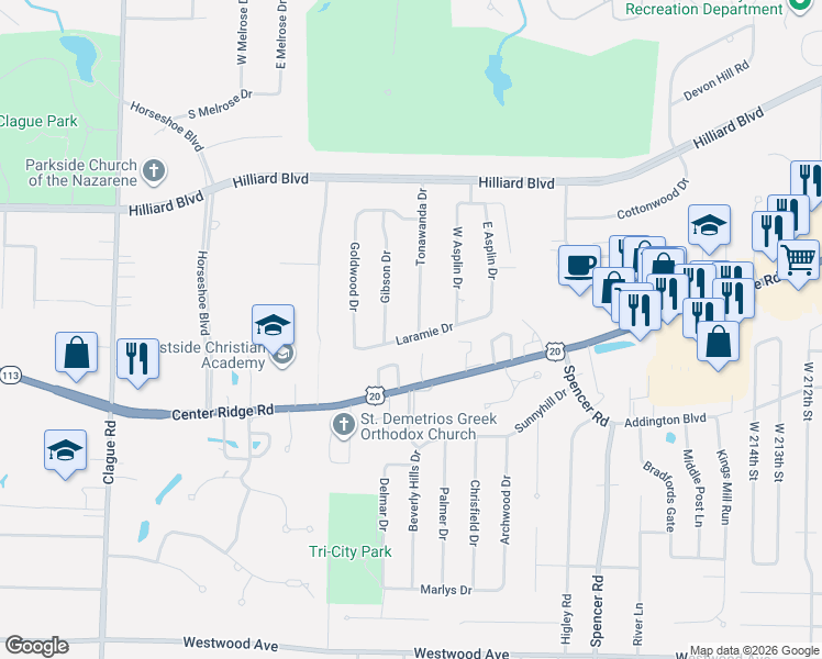 map of restaurants, bars, coffee shops, grocery stores, and more near 22805 Laramie Drive in Rocky River