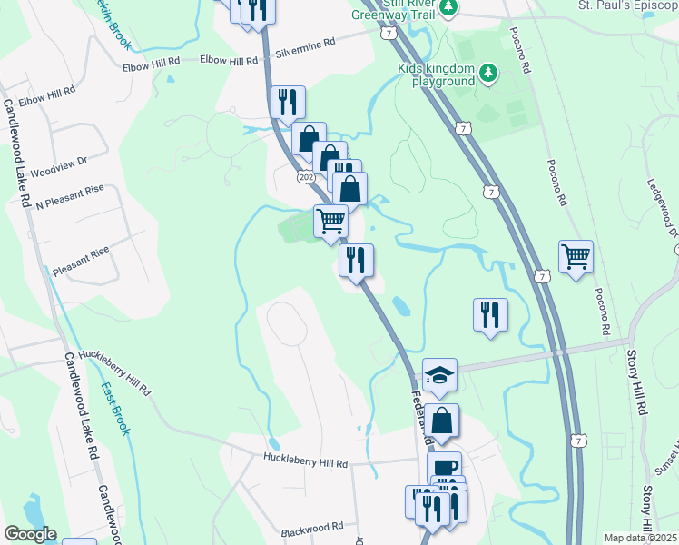map of restaurants, bars, coffee shops, grocery stores, and more near 450 Federal Road in Brookfield