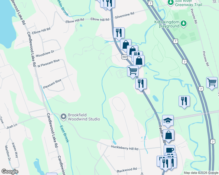 map of restaurants, bars, coffee shops, grocery stores, and more near 35 Greenknoll Drive in Brookfield