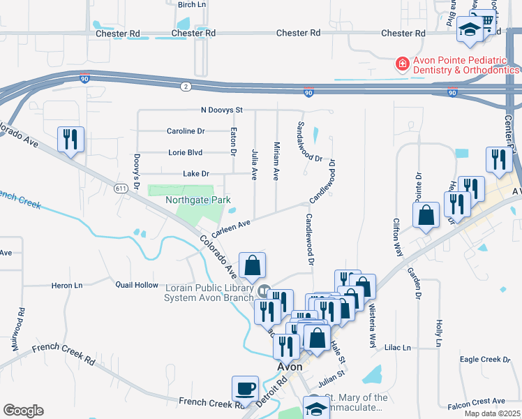 map of restaurants, bars, coffee shops, grocery stores, and more near 37273 Carleen Avenue in Avon