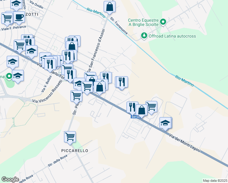 map of restaurants, bars, coffee shops, grocery stores, and more near Via dei Greci in Latina