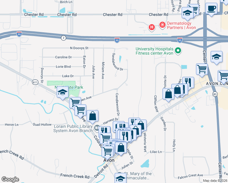map of restaurants, bars, coffee shops, grocery stores, and more near 2220 Candlewood Drive in Avon