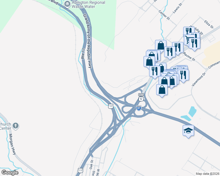 map of restaurants, bars, coffee shops, grocery stores, and more near Grand Army of the Republic Hwy in Scranton