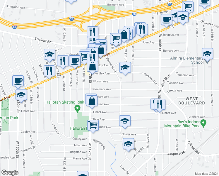 map of restaurants, bars, coffee shops, grocery stores, and more near 11316 Governor Ave in Cleveland