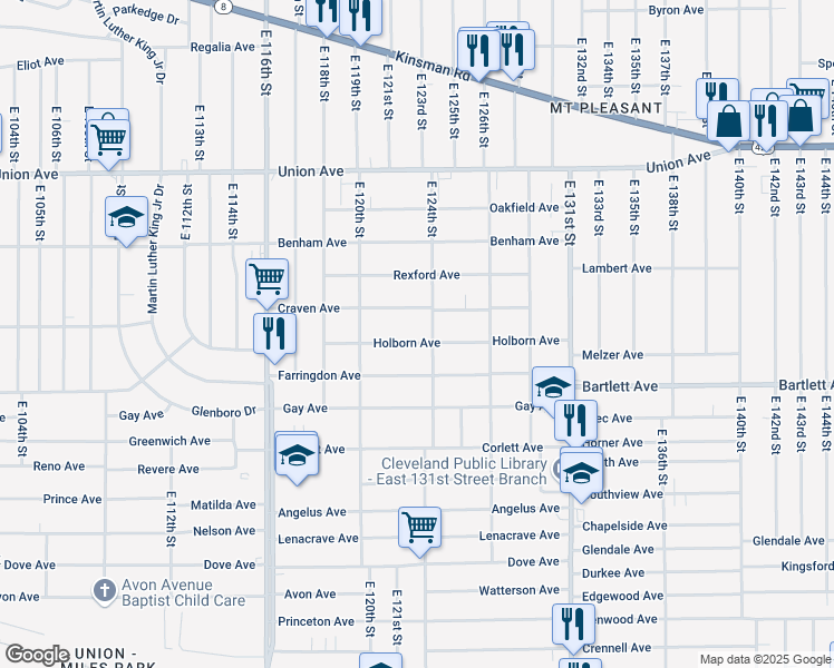 map of restaurants, bars, coffee shops, grocery stores, and more near 12304 Holborn Avenue in Cleveland