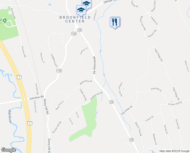 map of restaurants, bars, coffee shops, grocery stores, and more near 127 Whisconier Road in Brookfield