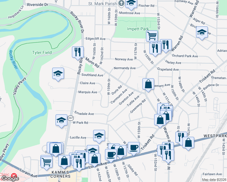 map of restaurants, bars, coffee shops, grocery stores, and more near 3480 Carrmunn Avenue in Cleveland